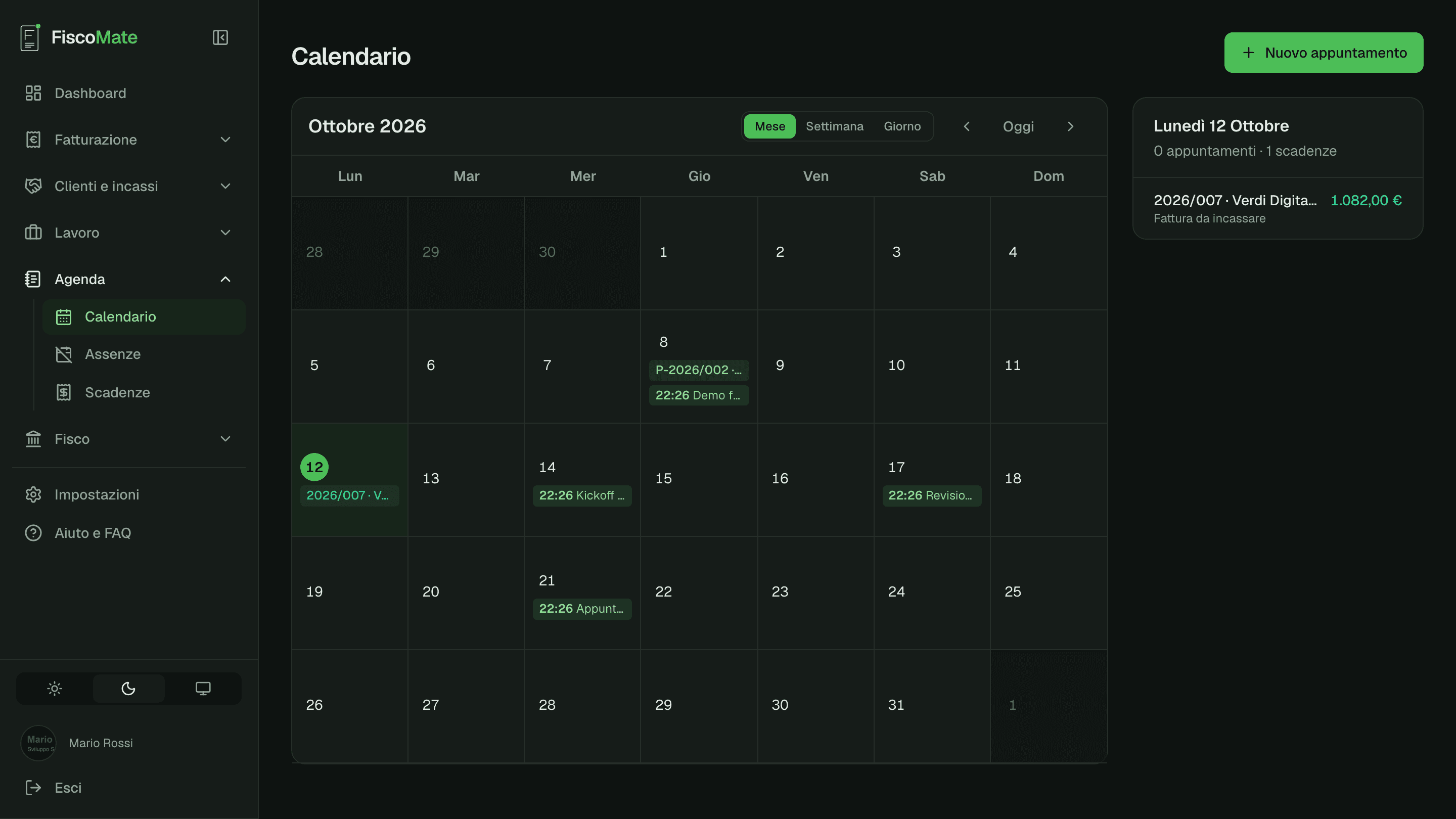 Calendario mensile con appuntamenti e scadenze fiscali